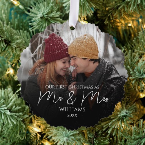 Our First Christmas As Mr & Mrs Elegant Photo Ornament Card