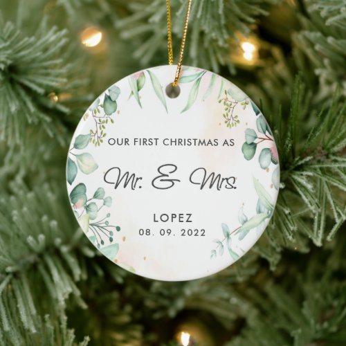 Our First Christmas as Mr  Mrs Eucalyptus  Ceramic Ornament