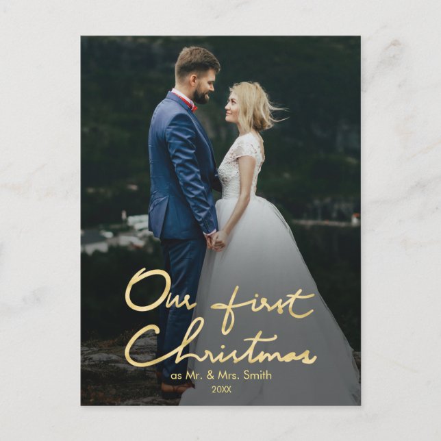 Our First Christmas as Mr & Mrs | Faux Gold Photo Holiday Postcard (Front)