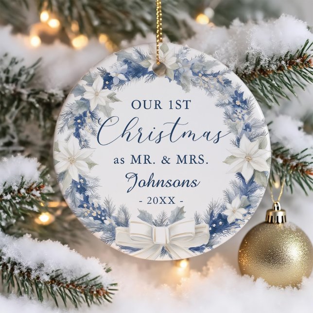 Our First Christmas as Mr Mrs Floral Wreath Ceramic Ornament (Creator Uploaded)