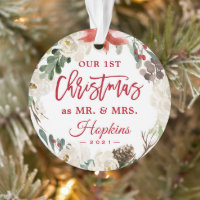 Our First Christmas as Mr Mrs Floral Wreath Photo Ornament