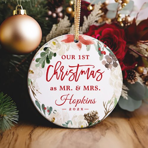 Our First Christmas as Mr Mrs Floral Wreath Photo Ornament