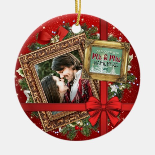Our First Christmas as Mr  Mrs Gold Frame Photo Ceramic Ornament