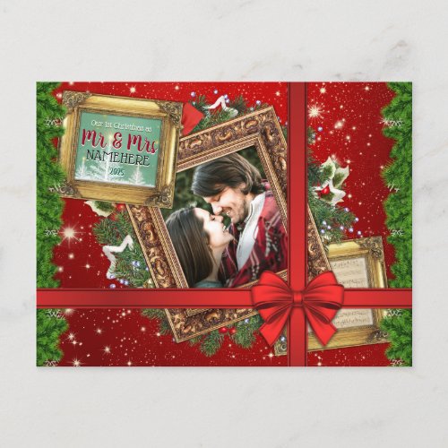 Our First Christmas as Mr  Mrs Gold Frame Photo Holiday Postcard