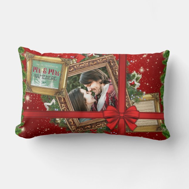 Our First Christmas as Mr & Mrs Gold Frame Photo Lumbar Pillow (Front)