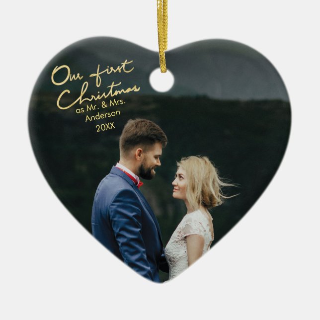 Our First Christmas as Mr & Mrs Heart Keepsake Ceramic Ornament (Front)