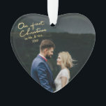 Our First Christmas as Mr & Mrs Heart Shaped Xmas Ornament<br><div class="desc">A memorable Christmas gift for newlyweds. Send out this beautiful heart shaped photo Xmas ornament to newlyweds to commemorate their wedding, for their first Christmas as Mr. and Mrs. The ornament features "Our First Christmas" in a beautifully hand-lettered faux gold foil font with space for one photo. Personalize the ornament...</div>