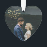 Our First Christmas as Mr & Mrs Heart Shaped Xmas Ornament<br><div class="desc">A memorable Christmas gift for newlyweds. Send out this beautiful heart shaped photo Xmas ornament to newlyweds to commemorate their wedding, for their first Christmas as Mr. and Mrs. The ornament features "Our First Christmas" in a beautifully hand-lettered faux gold foil font with space for one photo. Personalize the ornament...</div>