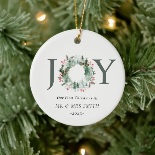 Our First Christmas as Mr Mrs Joy Wreath Photo Ceramic Ornament