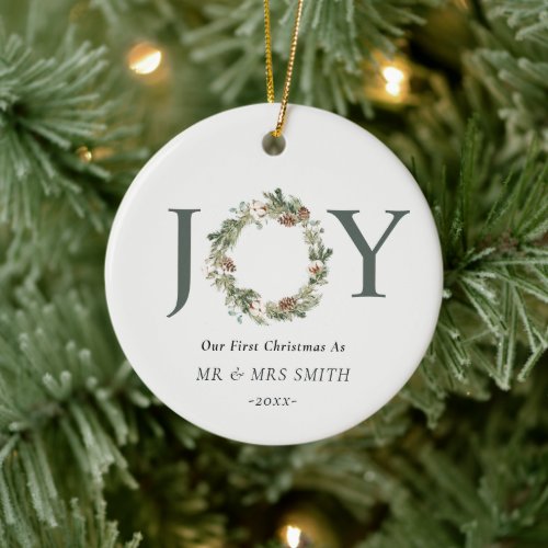 Our First Christmas as Mr Mrs Joy Wreath Photo  Ceramic Ornament