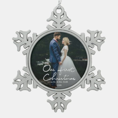 Our First Christmas as Mr  Mrs Keepsake Photo Snowflake Pewter Christmas Ornament