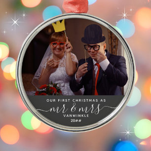 Our First Christmas as Mr & Mrs Last Name Gray Metal Ornament