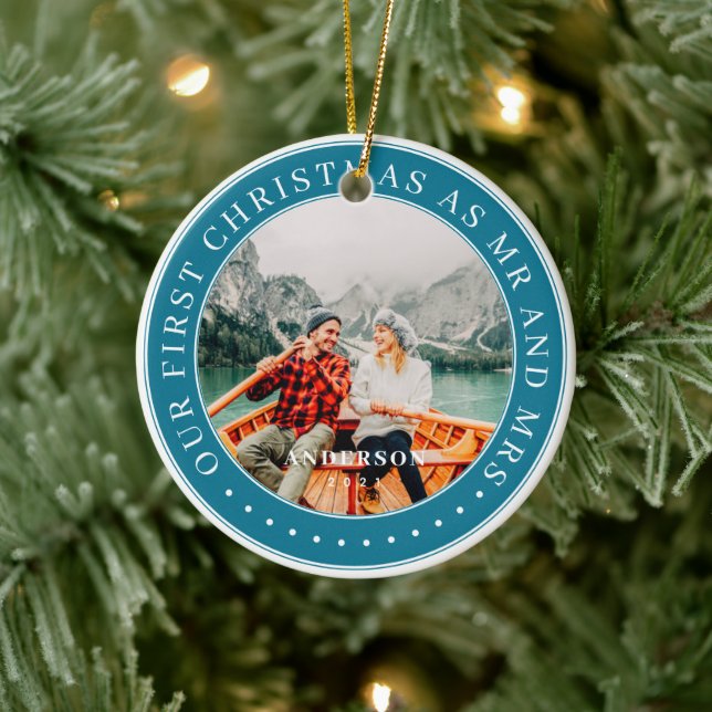  Our First Christmas As Mr & Mrs Modern Photo Ceramic Ornament (Tree)