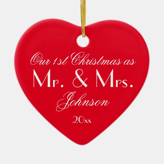 Our First Christmas As Mr & Mrs Modern Red Ceramic Ornament (Front)