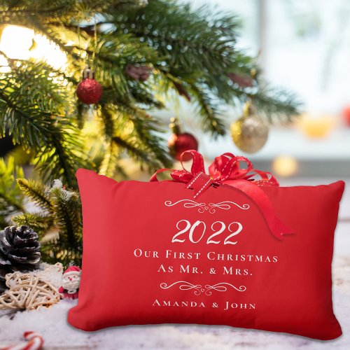 Our First Christmas As Mr  Mrs Names Date Red Lumbar Pillow