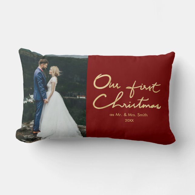 Our First Christmas as Mr. & Mrs. |Newlywed Photo Lumbar Pillow (Front)