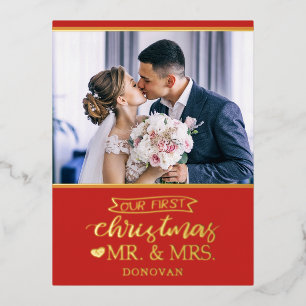 Our first Christmas as mr & mrs newlyweds gold Foil Holiday Postcard