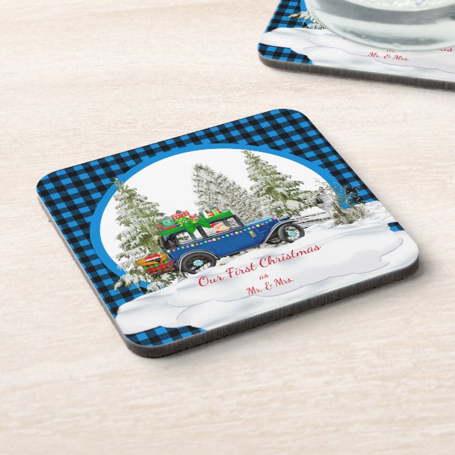 Our First Christmas As Mr. & Mrs. Ornament Beverage Coaster (Left Side)