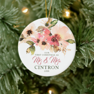 Our First Christmas As Mr & Mrs Peach Floral Ceramic Ornament