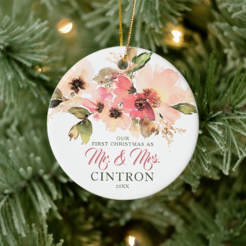 Our First Christmas As Mr  Mrs Peach Floral  Ceramic Ornament