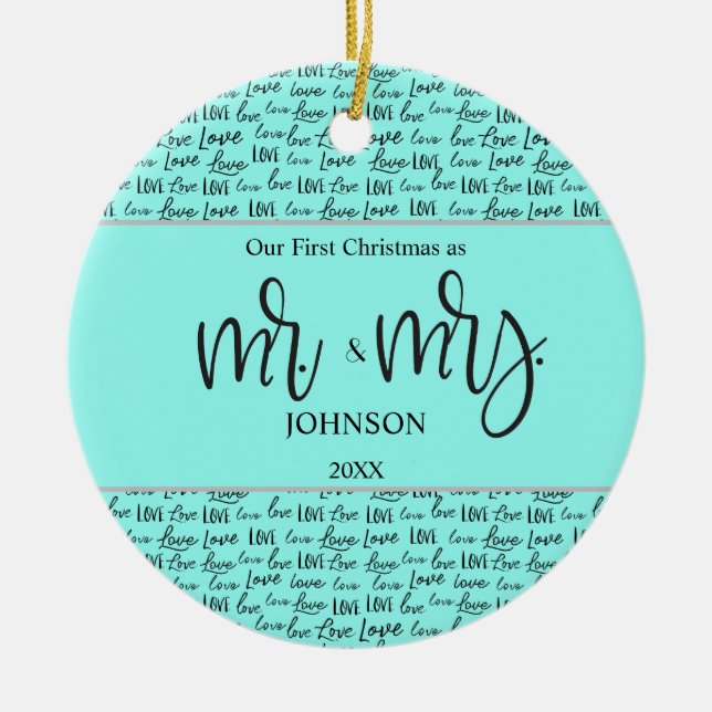 "Our First Christmas as Mr. & Mrs." Personalized K Ceramic Ornament (Front)
