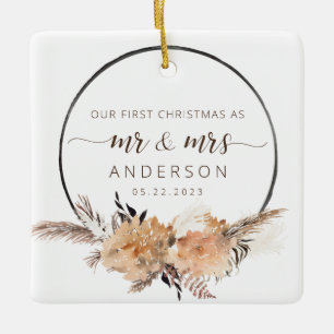 Our First Christmas As Mr & Mrs Photo Boho Ceramic Ornament