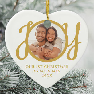 Our First Christmas As Mr & Mrs Photo Gold Script Ceramic Ornament