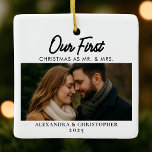 Our First Christmas as Mr. & Mrs. Photo Married Ceramic Ornament<br><div class="desc">Celebrate your first holiday season as husband and wife with this elegant ceramic ornament. Featuring the phrase “Our First Christmas as Mr. & Mrs. 2025” in clean, modern typography and space for your favorite photo, it’s a timeless keepsake to honor your love and new chapter together. A thoughtful wedding or...</div>
