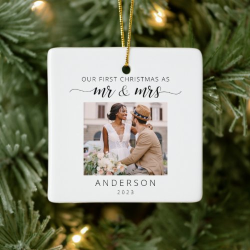 Our First Christmas As Mr  Mrs Photo Minimalist Ceramic Ornament