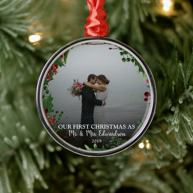 Our First Christmas as Mr & Mrs Photo Name Metal Ornament (Tree)