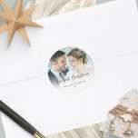 Our First Christmas As Mr Mrs Photo Overlay Classic Round Sticker<br><div class="desc">Modern Our First Christmas As Mr Mrs Photo Overlay Script Name and Year. Celebrate your newly married first christmas status with these handy stickers for your festive mailings, gifts and favors! A modern set script for Our First Christmas and easy to personalise with your name and the year and replace...</div>