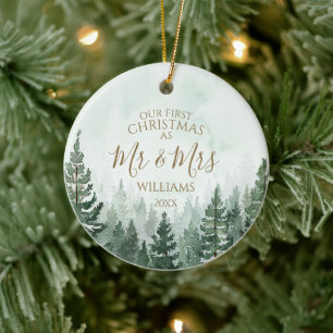Our First Christmas As Mr & Mrs Photo Pine Forest Ceramic Ornament