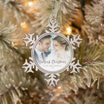 Our First Christmas As Mr Mrs Photo Script Snowflake Pewter Christmas Ornament<br><div class="desc">Our First Christmas As Mr Mrs Photo Script Name and Year. Great keepsake for newlyweds and lovely gift idea too! A modern set script for Our First Christmas and easy to personalise with your name and the year and replace the sample photos on each side with your own favorites. On...</div>