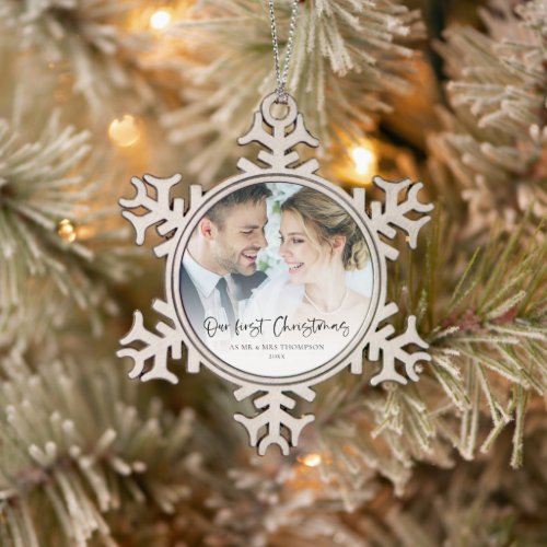 Our First Christmas As Mr Mrs Photo Script Snowflake Pewter Christmas Ornament