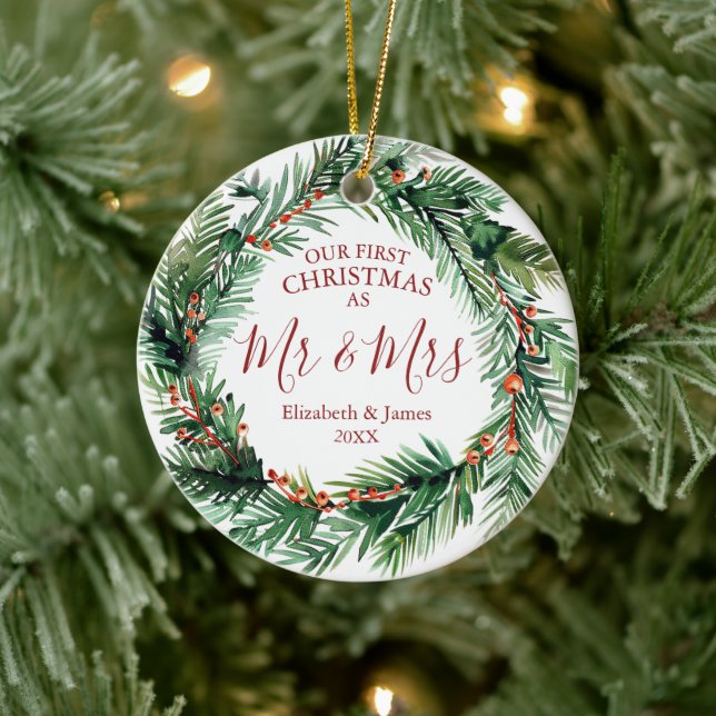 Our First Christmas As Mr & Mrs Photo Wreath Ceramic Ornament (Tree)