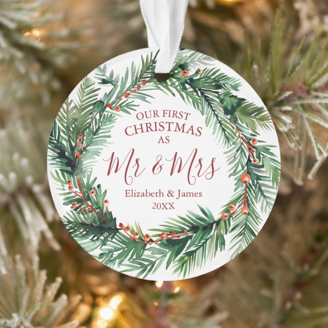 Our First Christmas As Mr & Mrs Photo Wreath Ornament (Tree)