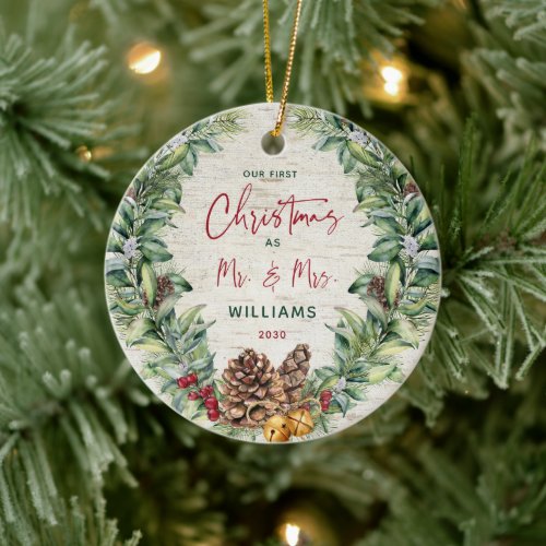 Our First Christmas as Mr  Mrs Pine Wreath Birch  Ceramic Ornament