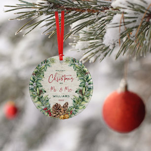 Our First Christmas as Mr & Mrs Pine Wreath Birch Ceramic Ornament