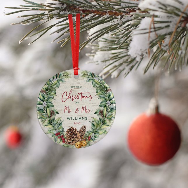 Our First Christmas as Mr & Mrs PIne Wreath Photo Ceramic Ornament (Creator Uploaded)