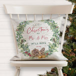 Our First Christmas as Mr & Mrs Pine Wreath Photo Throw Pillow<br><div class="desc">Celebrate your First Married Christmas with this beautiful festive holiday design throw pillow. It features a watercolor holiday wreath comprised of snow berries, pine cones and sprigs, red berries and faux bronze bells, on a natural looking faux birch bark background. "Christmas" and Mr. & Mrs." are printed in festive red...</div>