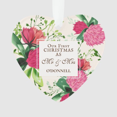 Our First Christmas as Mr  Mrs Pink Clover Floral Ornament