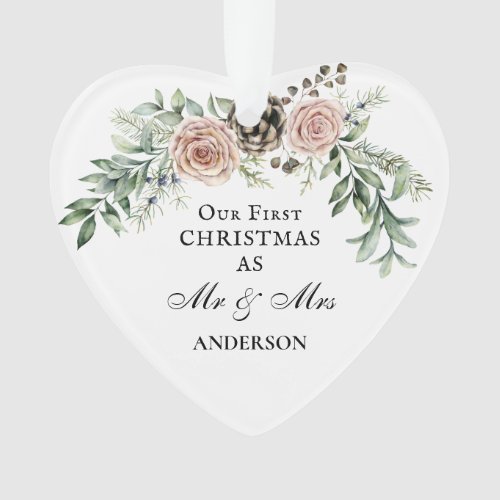 Our First Christmas as Mr  Mrs Pink Roses Ornament