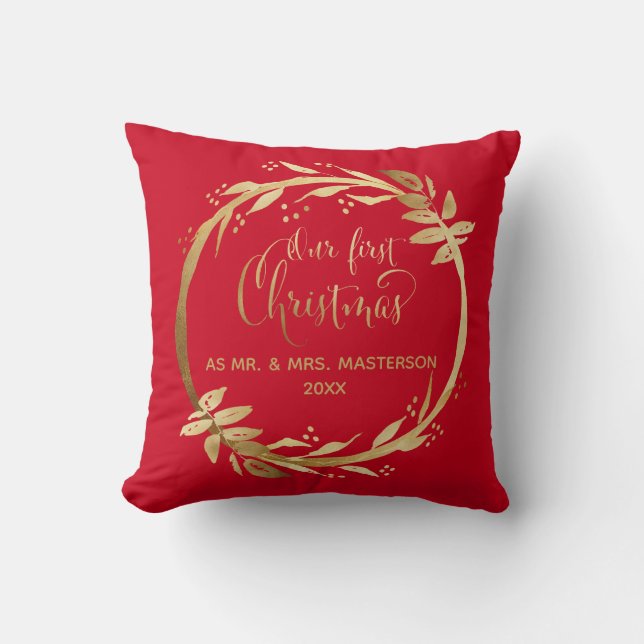 Our First Christmas As Mr & Mrs | Red Gold Wreath Throw Pillow (Front)