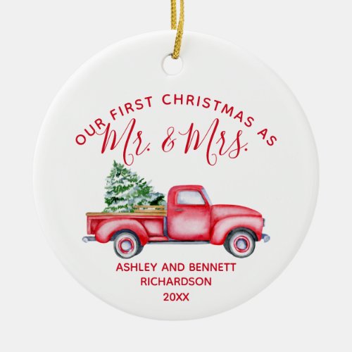 Our First Christmas as Mr Mrs Red Truck Photo Cera Ceramic Ornament