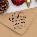 Our First Christmas as MR & MRS return address Rubber Stamp<br><div class="desc">Celebrate your unforgettable milestone with this "Our First Christmas as Mr. and Mrs." rubber stamp! This delightful stamp captures the joy and love of your first holiday season as a married couple. Customize it with your family name and your return address and spread the festive cheer with every holiday card...</div>
