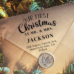 Our First Christmas as MR & MRS return address Self-inking Stamp<br><div class="desc">Celebrate your unforgettable milestone with this "Our First Christmas as Mr. and Mrs." self-inking rubber stamp! This delightful stamp captures the joy and love of your first holiday season as a married couple. Customize it with your family name and your return address and spread the festive cheer with every holiday...</div>