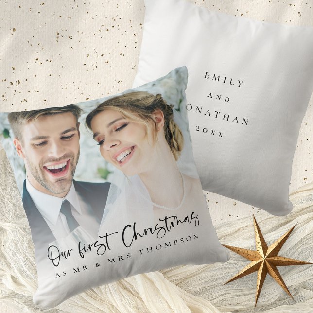 Our First Christmas As Mr Mrs Script Photo Throw Pillow (Front and back view)