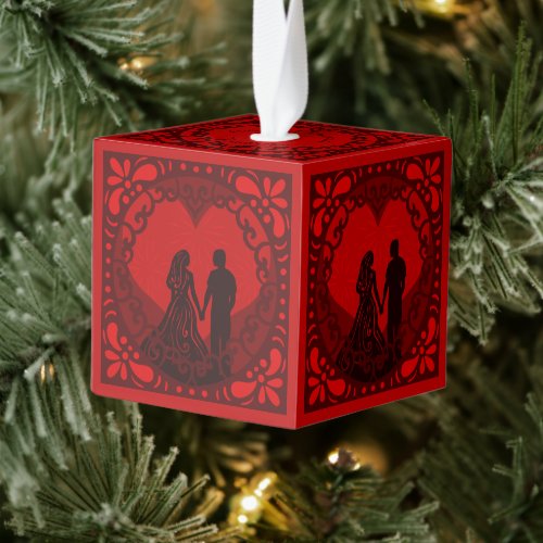 Our First Christmas As Mr  Mrs Shades of Red Cube Ornament