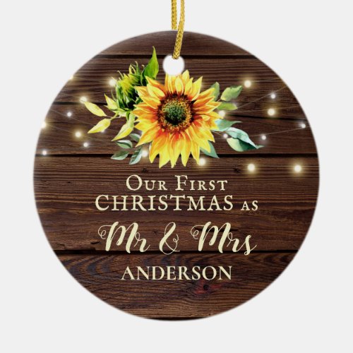 Our First Christmas as Mr  Mrs Sunflower Wood Ceramic Ornament