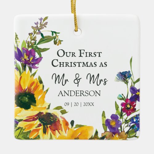 Our First Christmas as Mr  Mrs Sunflowers Ceramic Ornament